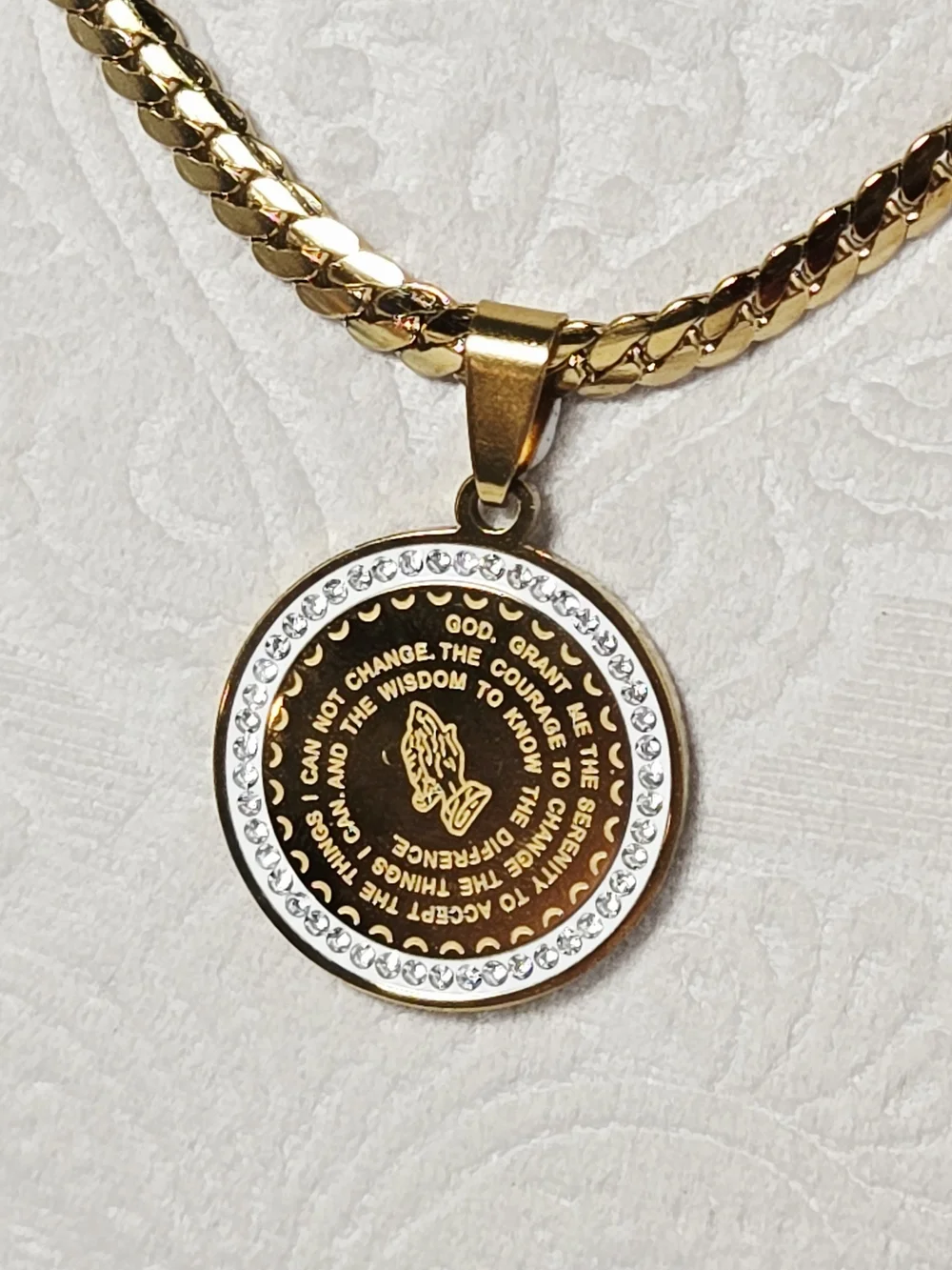 Serenity Prayer Necklace Praying Hands CZ Gold Stainless Steel 22